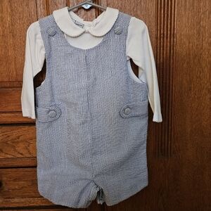 Blue and White Seersucker Baby Boy Romper and Collared Shirt Set